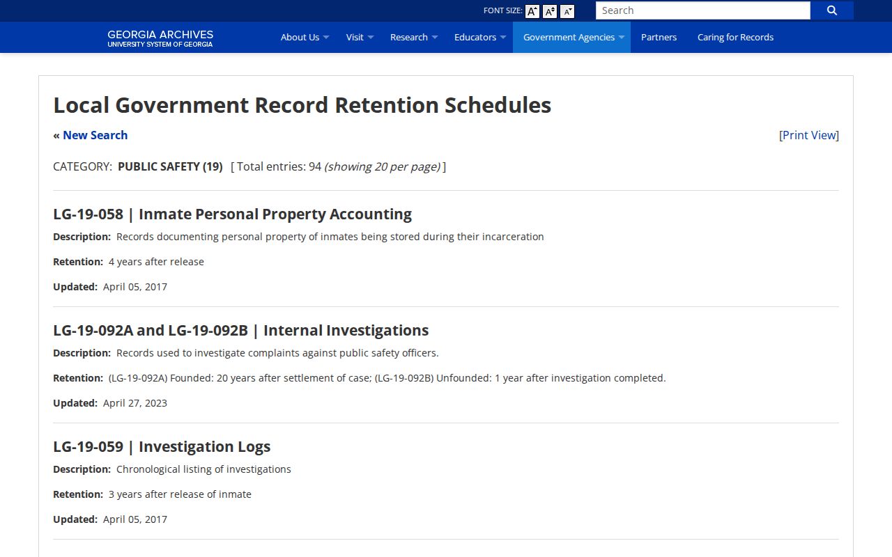 Georgia Archives retention schedule for Habersham County jail booking records