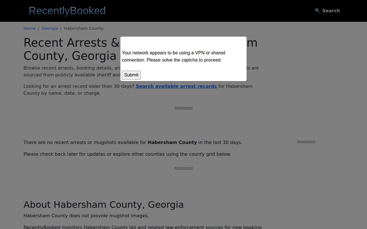 RecentlyBooked Habersham County secondary arrest page